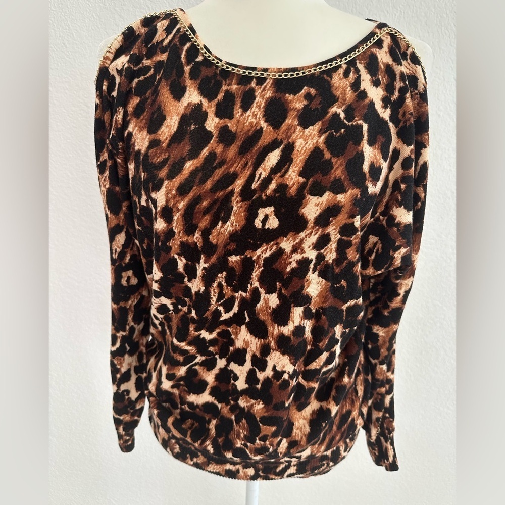 Thalia Sodi Brown Leopard Print Cold Shoulder Blouse